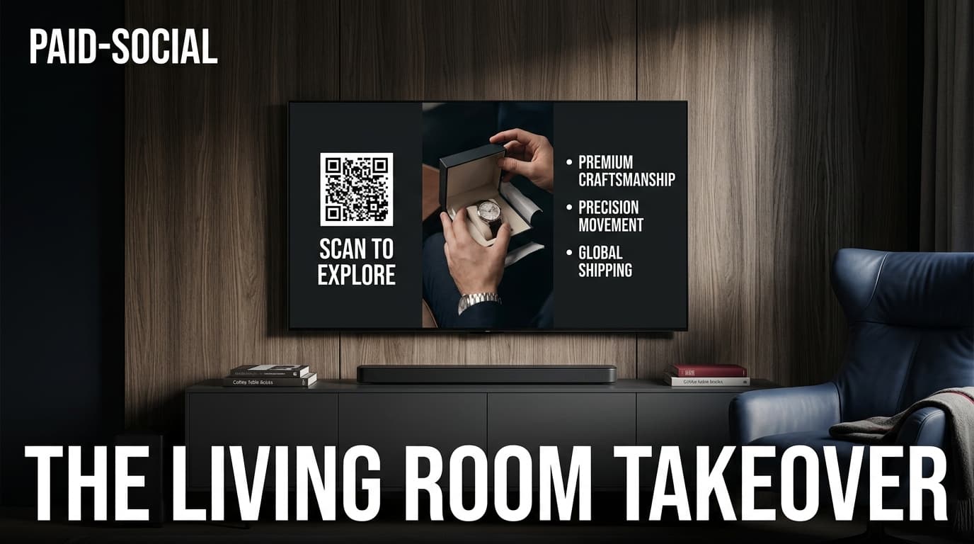 A large TV in a modern living room displaying a social-first ad adapted for a wide screen with side pillars and a QR code.