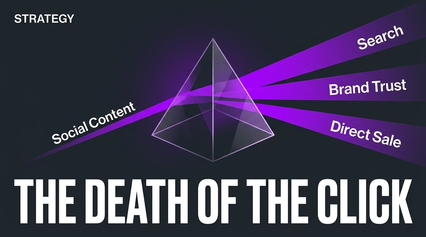 A conceptual illustration showing how social media content refracts into various business outcomes like search and brand trust, rather than just a single click.